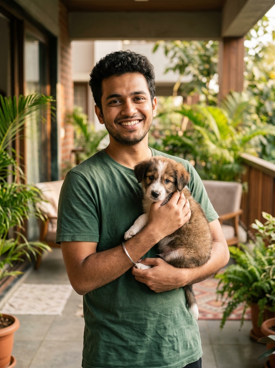Aditya Sen with Akita puppy