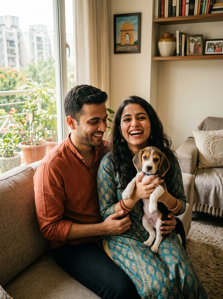 Priya & Kunal Malhotra with Akita puppy