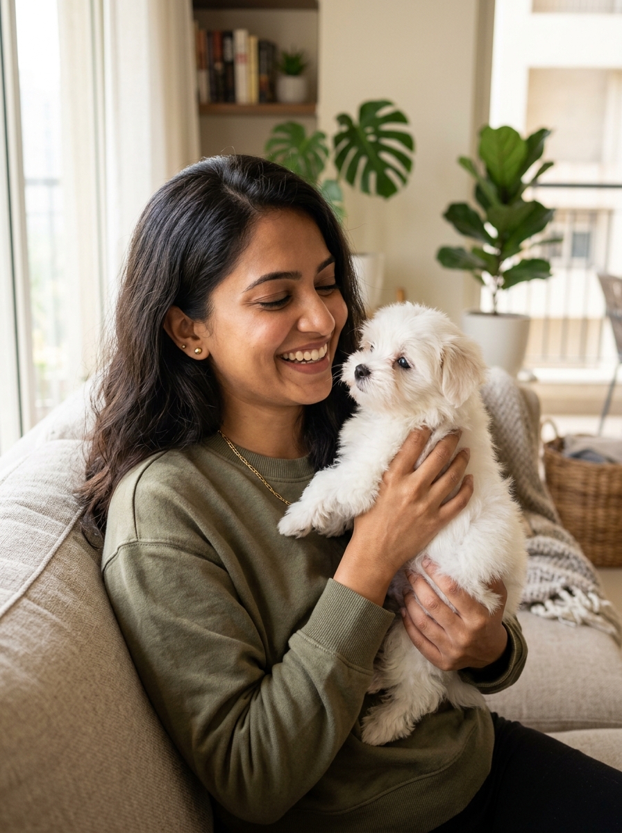 Sneha Gupta with Akita puppy