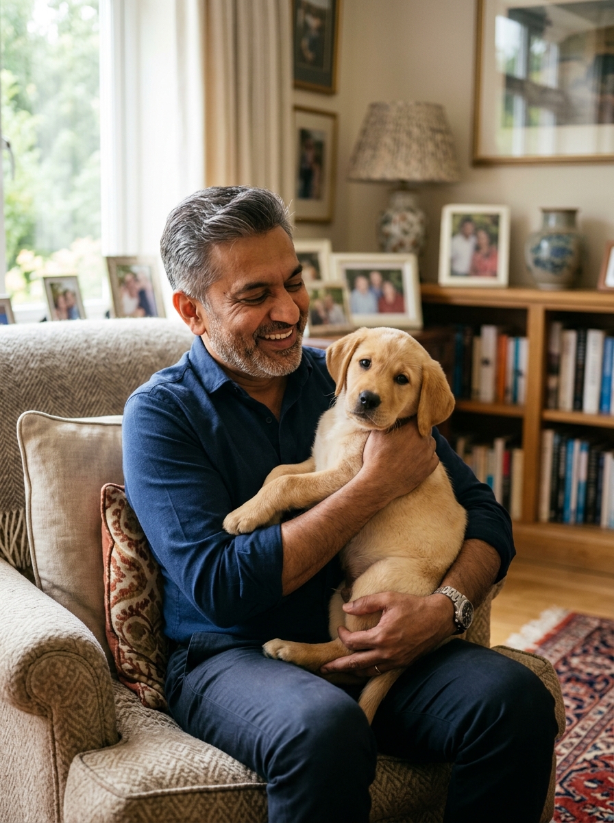 Vikram Singhal with Akita puppy